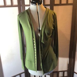 Steve McQueen cardigan in med. green, 9 brassy snap closure, V-neck,long sleeve